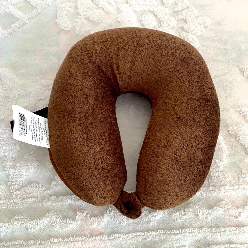 Travel Neck Pillow: Brown Plush, Snap Closure, Filled w/Micro-Beads